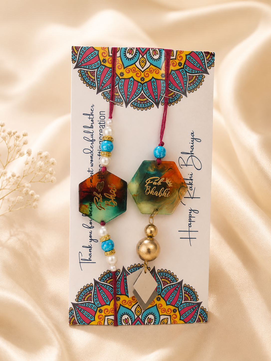 Handmade Resin Bhai–Bhabhi Rakhi Combo — Add ₹110